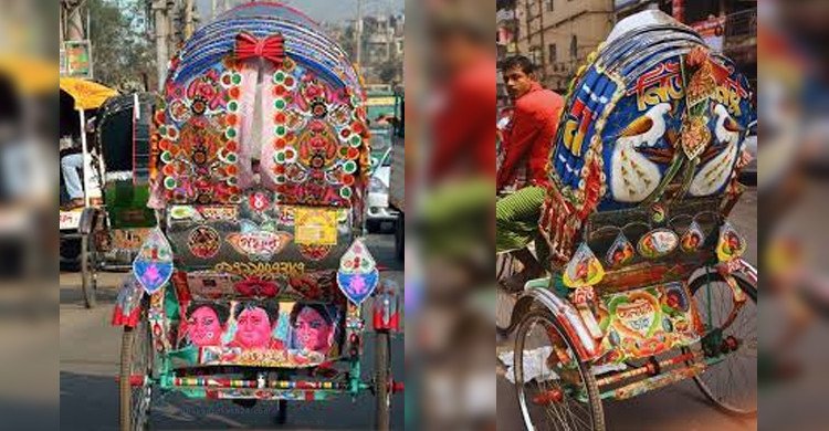 তিন চাকার ক্যানভাসে রঙিন শিল্প